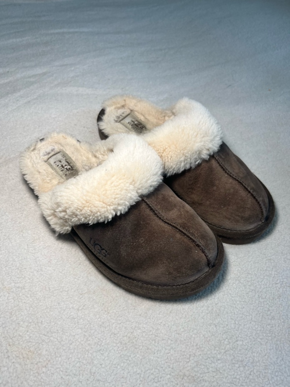 UGG Brown Suede Slip-On Slippers with Cream Shearling Cuff